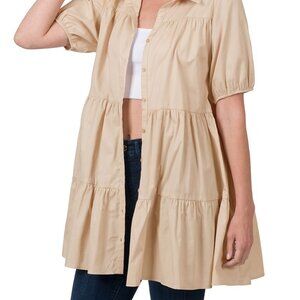 ZENANA PREMIUM BEIGE TIERED MEDIUM WOVEN PUFF SLEEVE RUFFLE HEM POCKETS SHIRT